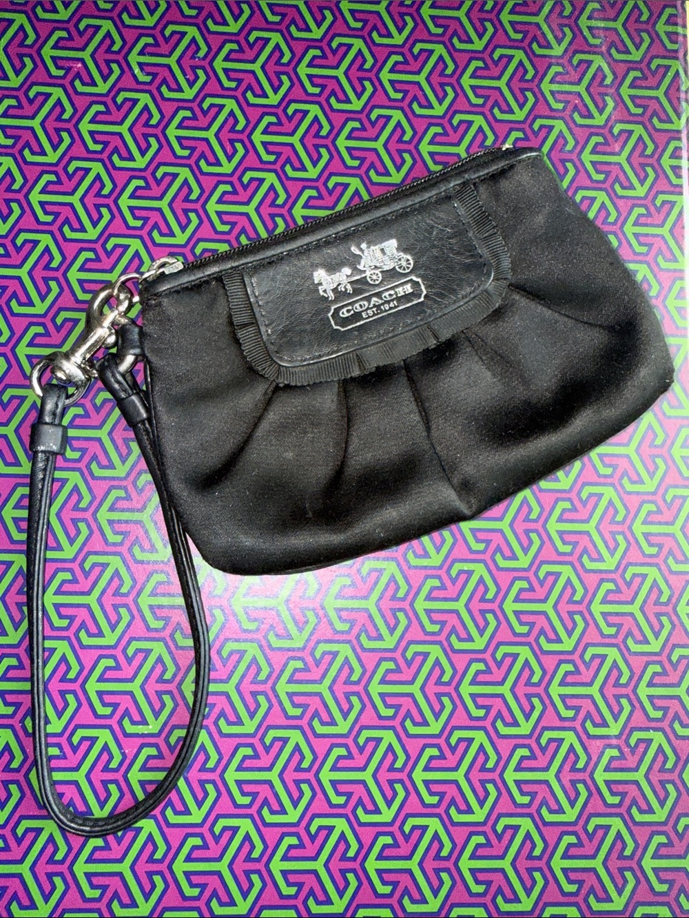 Coach Black Satin Wristlet Clutch with Logo Plaque